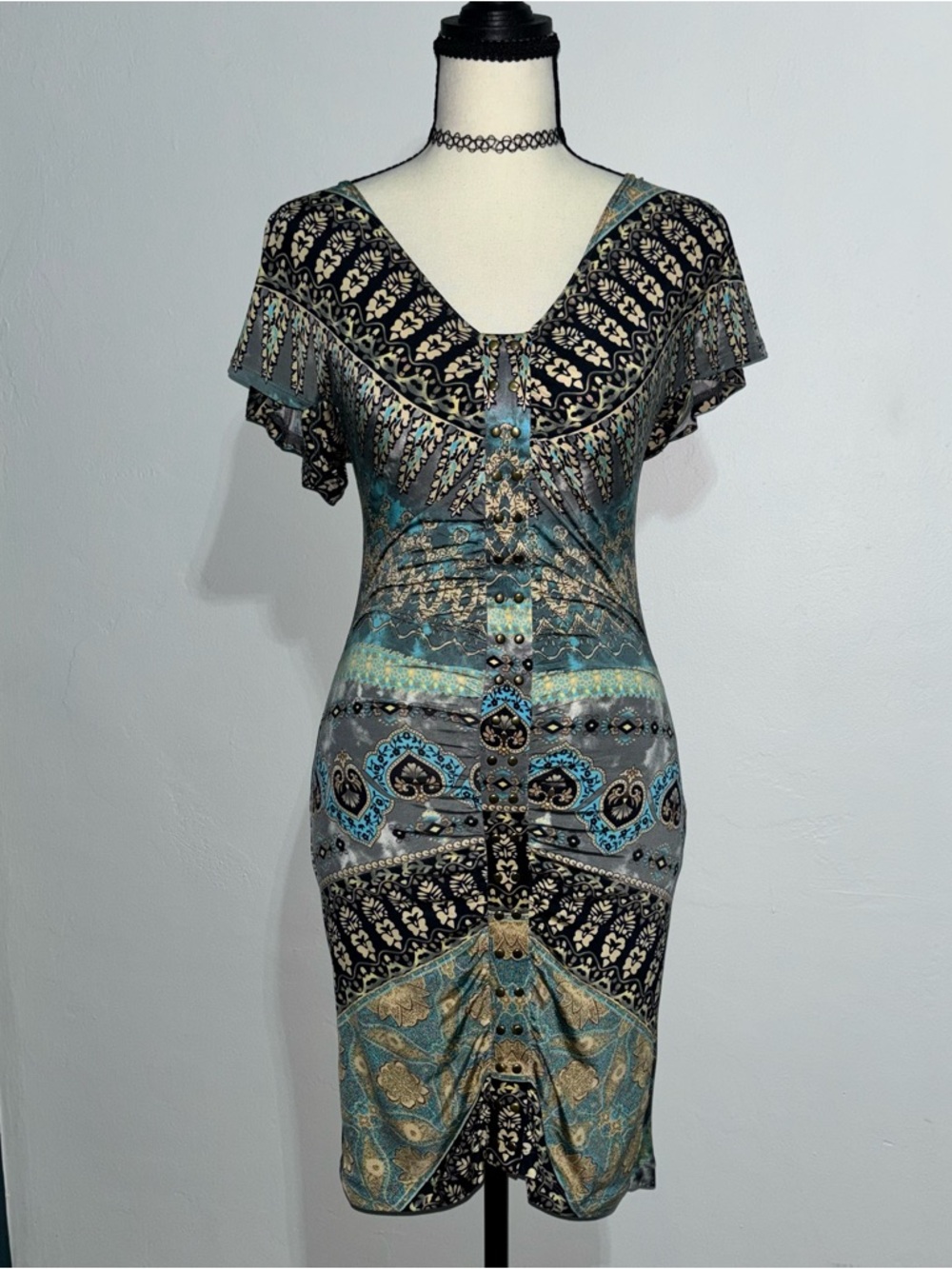 Baby Phat Teal, Black and Gold Paisley-Print Midi Dress